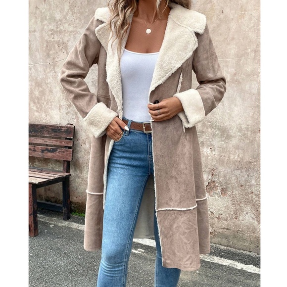 Luxe Vegan Suede Teddy Lined Button Knee Length Jacket Coat - Picture 3 of 11